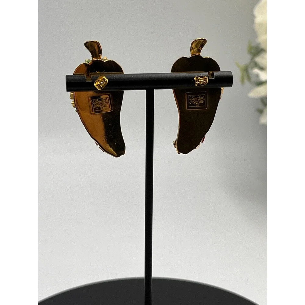 Lunch at the Ritz Vintage‎ Red Chili Pepper Enamel Rhinestone Pierced Earrings